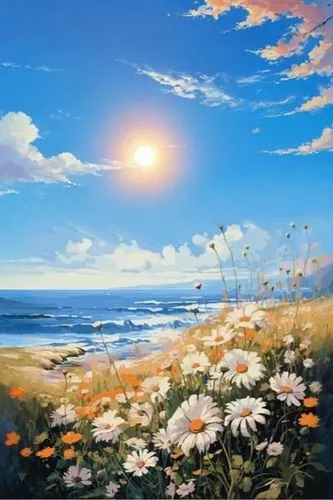 landscape background,beach landscape,sea beach-marigold,coastal landscape,summersun,sun and sea,sun daisies,spring morning,spring sun,sea of flowers,sea landscape,bright sun,fragrant snow sea,sand coreopsis,summer evening,summer day,flower painting,seaside daisy,springtime background,summer meadow