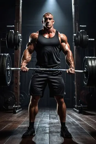 athletic man, muscular arms, serious expression, intense gaze, black sportswear, sweat-drenched skin, weightlifting barbell, heavy weights, gym background, dark wood floor, metal beams, dramatic light