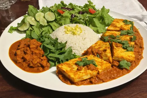 Paneer Butter Masala served with Nan and salad,chicken tikka masala,korma,rice and curry,paneer,jalfrezi,red curry,nepalese cuisine,butter chicken,chicken tikka,yellow curry,thai curry,rendang,tandoor