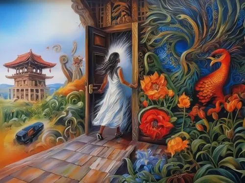 chinese art,oriental painting,khokhloma painting,art painting,wall painting,shanghai disney,fantasy art,meticulous painting,fantasy picture,oil painting on canvas,secret garden of venus,nước chấm,hoia