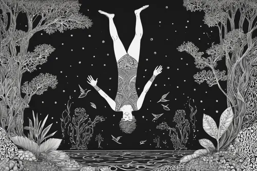 hanged man,mangroves,the night of kupala,book illustration,deer illustration,rope swing,birch tree illustration,swan lake,ballerina in the woods,the roots of the mangrove trees,forest man,forest fish,faun,koi pond,dryad,the forest,capricorn,swampy landscape,kahila garland-lily,wetland,Illustration,Black and White,Black and White 11