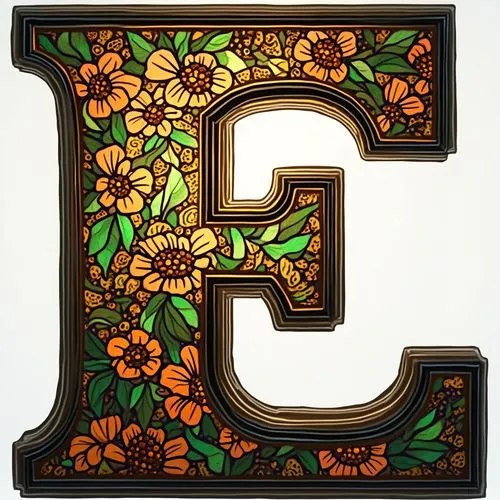 Collegiate font, uppercase letter ‘E’ as a Tiffany Lamp; no background.,the letter e has some flowers painted on it,decorative letters,letter e,blackletter,fraktur,escutcheon,es