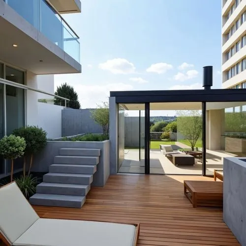 Realista
Respetar la imagen,a deck with steps leading to the patio and outside furniture,landscape design sydney,garden design sydney,landscape designers sydney,modern house,roof terrace,wooden deckin