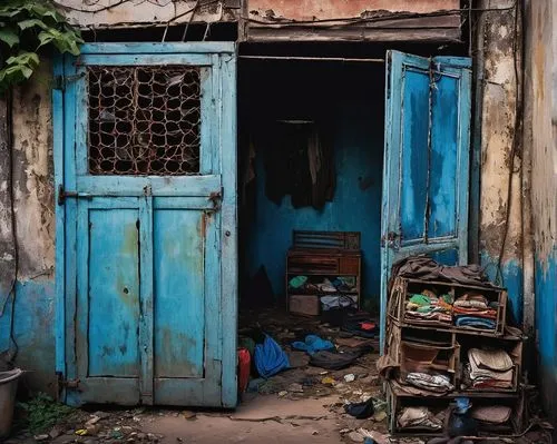 Rundown, crumbling, worn-out shanty, makeshift housing, corrugated iron roof, rusty gate, broken windows, faded blue walls, overgrown with vines, dirt floor, dimly lit interior, poverty-stricken neigh