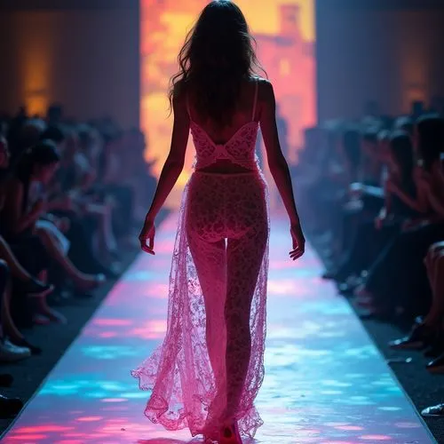 runway,catwalk,catwalks,fashion show,pasarell,girl in a long dress from the back