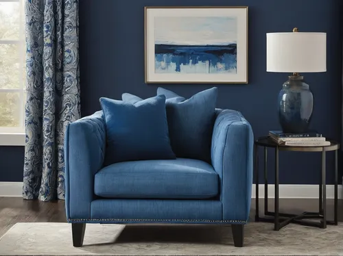 blue accent chair in blue themed living room,wing chair,mazarine blue,blue pillow,blue room,blue leaf frame,chalkhill blue,armchair,hauhechel blue,blue pushcart,slipcover,blue painting,loveseat,uphols