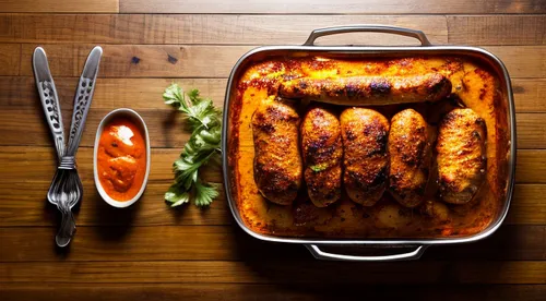 sausage platter,sausage plate,sausage bread,toad in the hole,cumberland sausage,toad in hole,thuringian sausage,sausages,cannelloni,boerewors,bockwurst,italian sausage,breakfast sausage,andouillette,knackwurst,boiled sausage,cassoulet,chorizo,two-handled sauceboat,moussaka,Realistic,Foods,Tandoori Chicken