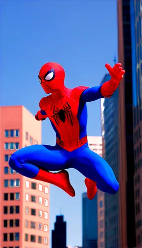 Spider-Man, male teenager, athletic build, red and blue full-body spandex suit, mask covering face, web shooters on wrists, dynamic pose, leaping in mid-air, city skyscraper background, sunny day, war