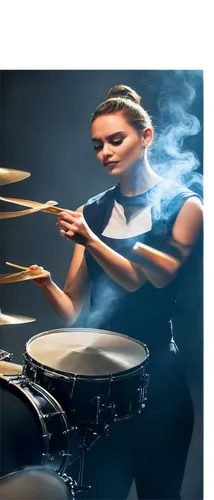 Dynamic drum set, shiny metal drums, bold drumsticks, energetic hands, intense facial expression, passionate musician, spotlight shining down, dark background, smoke effects, dynamic composition, low-