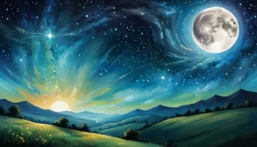 an artistic painting showing a view of the night sky,moon and star background,the night sky,night sky,starry sky,starry night,landscape background