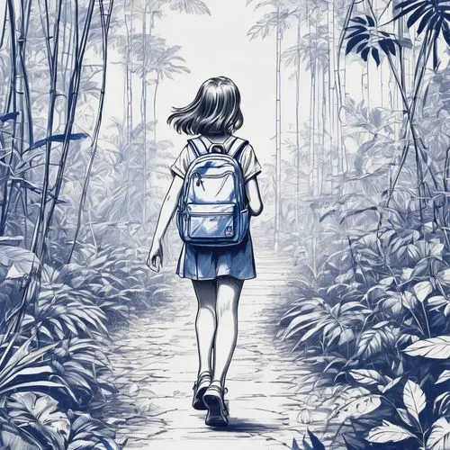 girl walking away,forest walk,wandering,walking in a spring,pathway,wander,walk,digital illustration,walking,nature trail,exploration,letterboxing,terabithia,getting lost,trail,forest path,hiking path,walk in a park,hiking,backpacking,Unique,Design,Blueprint