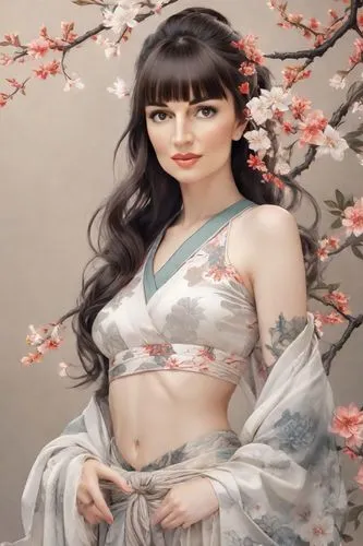 diaochan,japanese floral background,geisha,oriental princess,kimono,geisha girl,Photography,Realistic