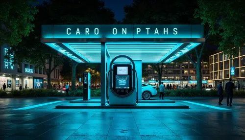 Modern charging station, sleek metal design, neon-lit signage, futuristic aesthetic, electric vehicle emphasis, urban cityscape backdrop, night time illumination, vibrant blue and green hues, high-tec