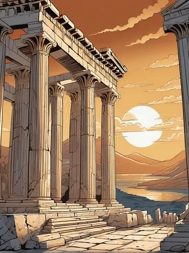 ancient greek temple,greek temple,parthenon,acropolis,the parthenon,hellas,doric columns,athenian,athens,temple of hercules,temple of poseidon,hellenic,artemis temple,greece,ephesus,ancient roman architecture,classical antiquity,roman temple,the ancient world,ancient city,Illustration,American Style,American Style 13