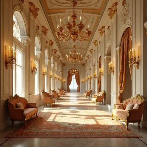 Byzantine style interior, cream color walls, golden ornate decorations, intricate patterns on carpets, luxurious velvet furniture, majestic chandeliers, grandiose arches, marble floors with inlaid mos