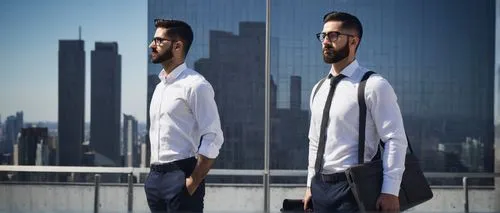 Modern job architect, male, 30s, strong jawline, short black hair, glasses, beard, formal wear, white shirt, black tie, dark blue suit, briefcase, standing, urban cityscape, skyscraper, glass wall, st