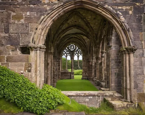 Detail of the ruined Abbey at  Palace of Holyrood in Edinburgh, Scotland, UK,buttress,saint andrews,pointed arch,gothic architecture,cloister,archway,north churches,pilgrim staffs,st patrick's,medieva