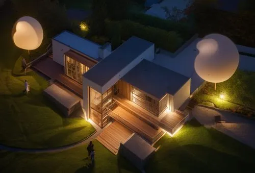 modern house,landscape lighting,smart home,cubic house,inverted cottage,3d rendering,cube house,cluster ballooning,ambient lights,smarthome,sky apartment,3d render,modern architecture,cube stilt houses,japanese paper lanterns,gas balloon,smart house,sky space concept,lampion,archidaily,Photography,General,Realistic