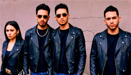 Tough guy, gang member, group of 5, different facial expressions, tattoos on arms, black leather jackets, ripped jeans, silver chains, sunglasses, gold teeth, urban background, gritty texture, high co