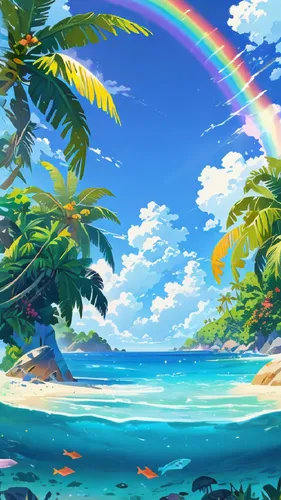 a rainbow over a tropical landscape with the ocean, palm trees and fish,rainbow background,summer background,ocean background,tropical sea,rainbow pencil background,dream beach