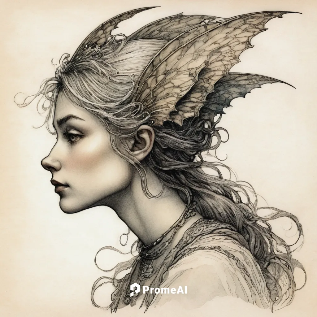 Craft a whimsical side profile ref featuring a fantastical creature.,faery,harpy,faerie,fae,fantasy portrait,faun,dryad,winged,vintage angel,fairy queen,athena,feather headdress,headdress,fantasy art,