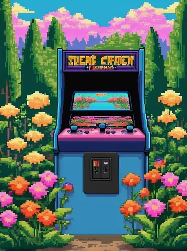 Describe a serene garden with a herbaceous flowering plant in full bloom.,arcade game,dream beach,video game arcade cabinet,arcade,arcade games,dark beach,sega genesis,pinball,sega mega drive,screen g