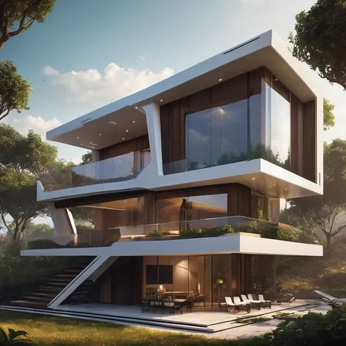 Imagine a futuristic setting where a technologically advanced two-story house becomes self-aware.,modern house,modern architecture,dunes house,futuristic architecture,cubic house,3d rendering,luxury p