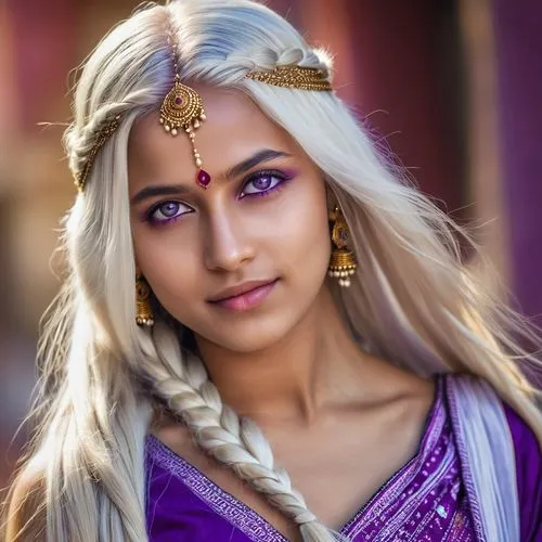 Uma mulher jovem de longos cabelos brancos com pequenas tranças em seus cabelos esvoaçantes, vestido indiano e olhos violetas,indian woman,indian girl,asra,indian bride,indian girl boy,east indian,ind