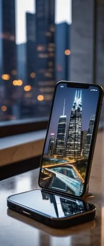 Modern minimalist architecture, sleek iPhone on marble countertop, futuristic cityscape background, glass and steel skyscraper, 3/4 composition, warm ambient lighting, shallow depth of field, detailed