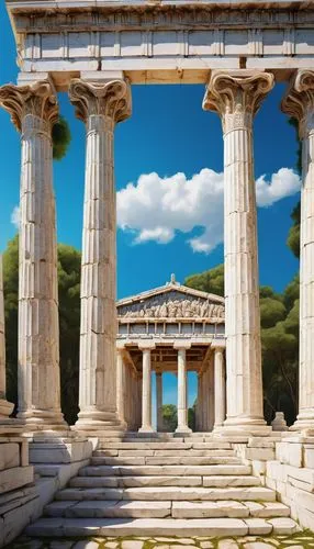 Ancient Greek temple, monumental structure, white marble, intricate carvings, Doric columns, grand staircase, ornate facade, symmetrical composition, bright sunlight, cloudless blue sky, lush greenery