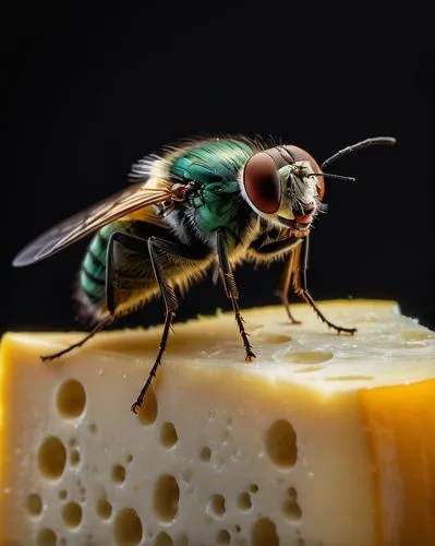 A little fly sits on a piece of cheese
,diptera,dipteran,vespula,drosophila,hymenoptera,apis mellifera,bee,syrphid fly,bombyx,geophaps plumifera,leucoptera,fasciatus,cosmopterix,pecorino,beeswax,yello