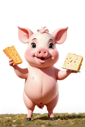 cute pig, cartoon style, various facial expressions, pink skin, curly tail, floppy ears, white spots, oink action, standing on hind legs, holding food, farm setting, warm lighting, soft focus, pastel 