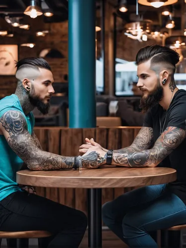 Create a funny dialogue between two friends discussing knuckle tattoos at a hipster coffee shop.,arm wrestling,connectcompetition,men sitting,connect competition,partnership,tattoos,partnerlook,connec