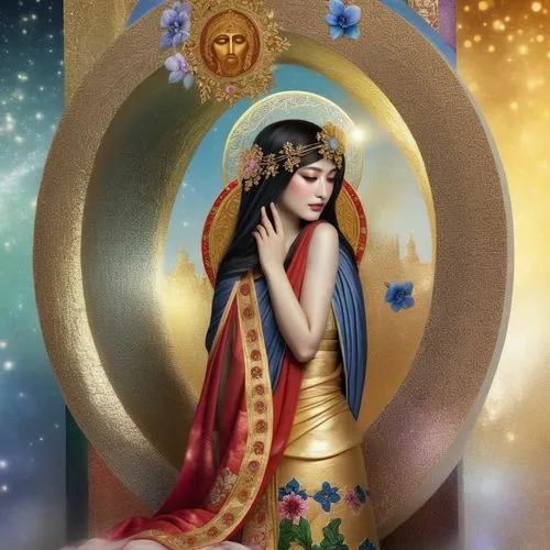 feel safe when you are here,a painting of an oriental woman in gold and blue,the prophet mary,mother of perpetual help,mama mary,novena,prophetess,mother mary,Illustration,Realistic Fantasy,Realistic 