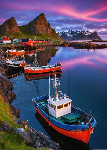 The commercial fishing port in Sorland at sunset, Vaeroy Island, Lofoten Islands, Norway.,lofoten,fishing boats,norway coast,fishing boat,nordland,boat landscape,northern norway,eastern iceland,fishin