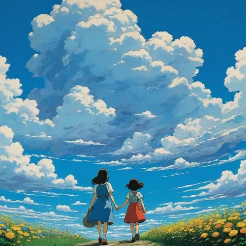 studio ghibli,blue sky clouds,cumulus clouds,clouds - sky,cloudstreet,blue sky and clouds,Illustration,Japanese style,Japanese Style 14