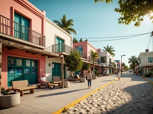 Vibrant coastal town, sandy beaches, driftwood accents, nautical ropes, ocean-inspired murals, weathered wooden docks, seaside promenades, coral-colored buildings, turquoise window frames, creamy whit