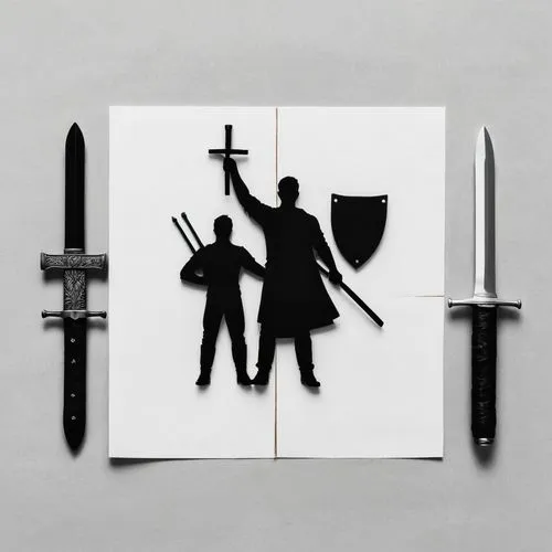 A very simple icon, with only two colors, black and white, formed only by the silhouette of three men standing side by side and wearing jeans and t-shirts. The first man  is wielding a sword in his le