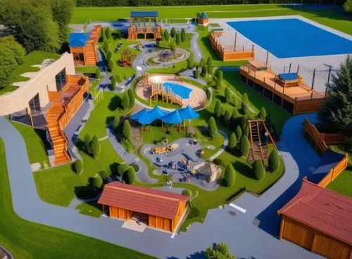 一个优美的游乐场，里面有一些无动力游乐设备,3d rendering,ecovillages,water park,resort,play area,golf resort,ecovillage,suburbanized,outdoor pool,ecopark,waterpark,school design,villaggio,playgrounds,underwater playground,