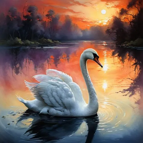 majestic swan in lake at sunset,a white swan with the colors of a painting reflected in water,swan on the lake,swan lake,white swan,swan,constellation swan,young swan,Illustration,Realistic Fantasy,Re