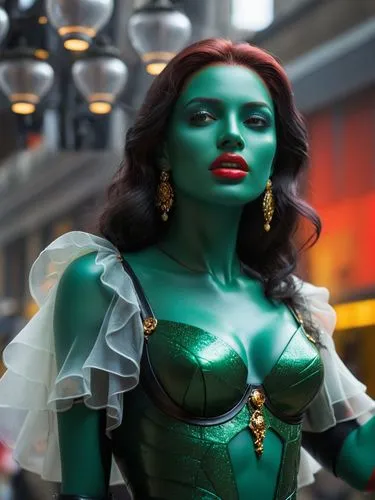 A valuable high-resolution photograph in which the depth of field really comes into its own.,a girl dressed in green in a costume on display,gamora,elphaba,mesmero,hela,bjd,mera,Conceptual Art,Fantasy