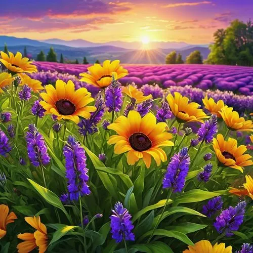 flower field,field of flowers,colorful flowers,flower background,flowers field,blanket of flowers,splendor of flowers,defend,flower wallpaper,sea of flowers,flower in sunset,purple landscape,nature background,blooming field,wavelength,purple flowers,sunflower field,purple and gold,purple wallpaper,violet flowers,Photography,General,Realistic