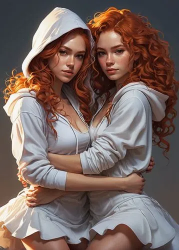 redheads,two girls,canonesses,orange robes,maidens,handmaidens,priestesses,milkmaids,stepsisters,sisters,reinas,gingers,companias,rhinemaidens,white clothing,gemini,elsas,hermanas,maidservants,sorceresses,Conceptual Art,Fantasy,Fantasy 15