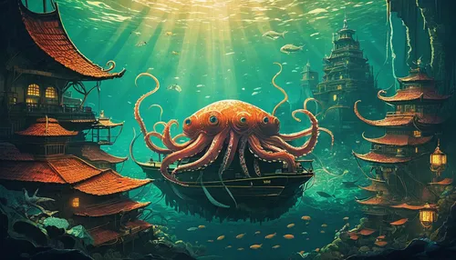 Explore an underwater city inhabited by majestic krakens, as you savor scrumptious kraken-inspired sushi delicacies.,under sea,undersea,octopus,kraken,nautilus,deep sea,the bottom of the sea,under the