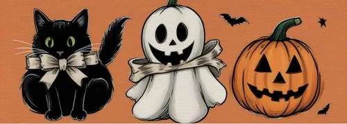 halloween decorations including a black cat and pumpkin,halloween background,halloween banner,halloween wallpaper,halloween pumpkin gifts,halloween icons,halloween ghosts