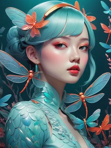 flower fairy,fairy peacock,ulysses butterfly,blue butterflies,fairie,fantasy portrait,Illustration,Realistic Fantasy,Realistic Fantasy 15