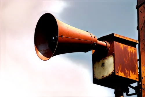 Alarm sound, air raid siren, loud piercing noise, metal structure, vintage design, rusty surface, warning light flashing, foggy atmosphere, close-up shot, dramatic lighting, high contrast, cinematic c