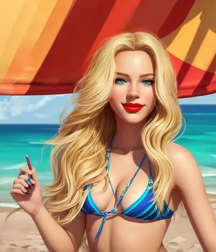 a portrait half body of a  beautiful caucasian girl 25 years old, blonde hair red lips wearing a colorful bikini stand up in a ship at sunset whit the beach of miami as background in 4k,beach backgrou