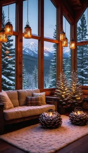 the cabin in the mountains,coziness,winter window,warm and cozy,coziest,house in the mountains,winter house,sunroom,cozier,alpine style,chalet,christmas landscape,house in mountains,beautiful home,fire place,log cabin,living room,snowy landscape,snowglobes,ski resort,Illustration,Japanese style,Japanese Style 16