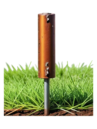 Electric grounding rod, rusty metal, worn-out surface, thick cylindrical shape, partially buried in earth, green grass surrounding, sunny day, soft natural light, 3/4 composition, shallow depth of fie